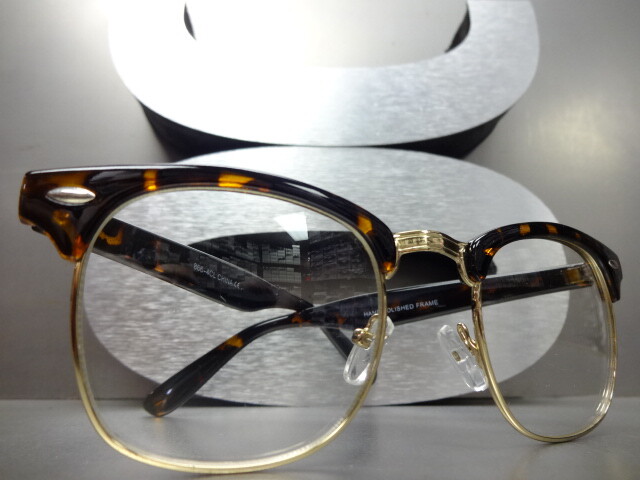Mens Women VINTAGE 60's RETRO Style Clear Lens EYE GLASSES Tortoise & Gold Frame gallery