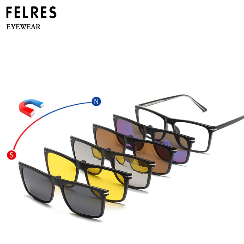 5 in 1 Magnetic Clip On Polarized Sunglasses Men Square TR90 Glasses Frames New gallery