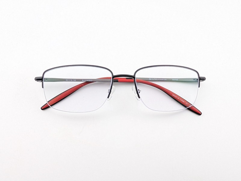 Bulova Eyeglasses, Frames Only, Payne, 55-18-145, Titanium/Plastic, Black/Red
