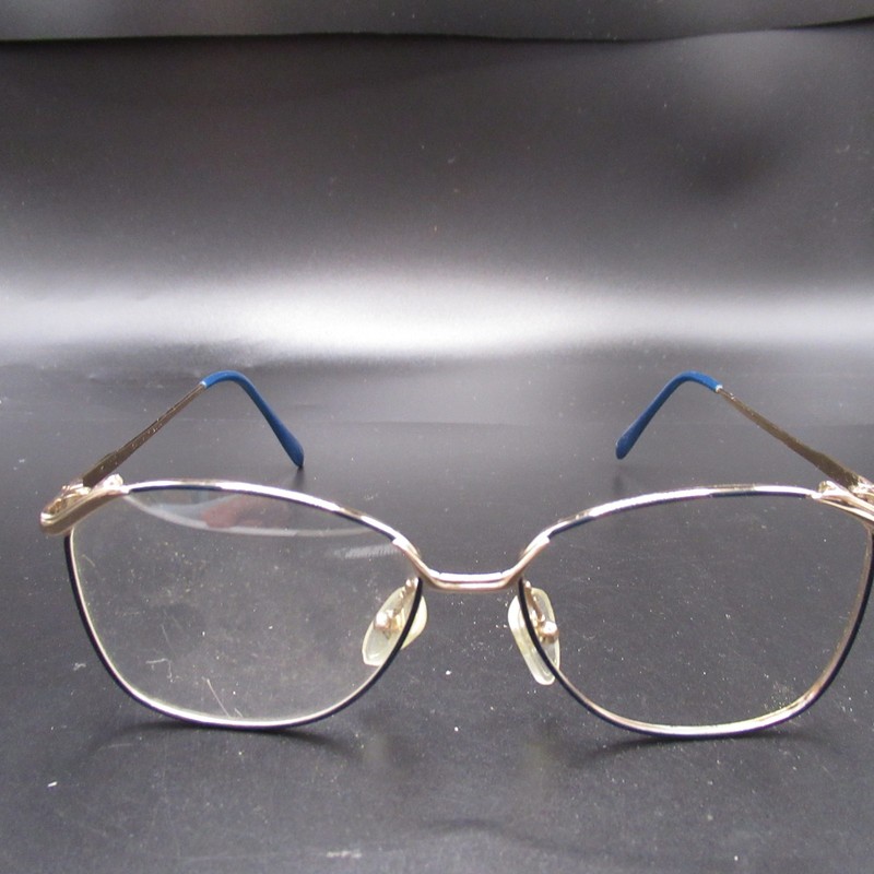 Vintage Gold Tone Blue Temple Tips Cat Eye Eyeglass Frames Glasses Japan