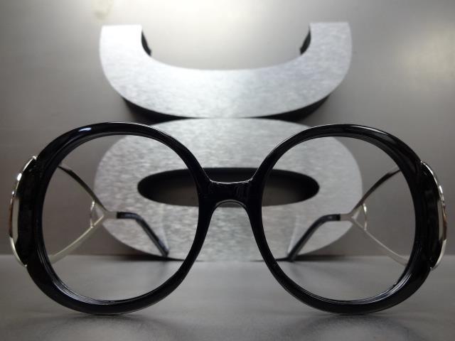 Womens Oversized Retro Style Round Black Lensless Eye Glasses Frame Only NO Lens gallery