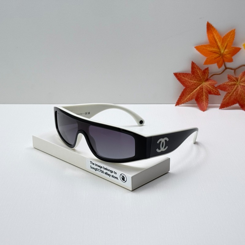 CHANEL CH6057 Shield Sunglasses Black Beige Wrap Frame Grey Lens UV