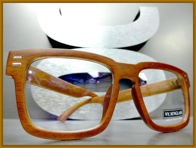 Men's CLASSIC VINTAGE RETRO Style Clear Lens EYE GLASSES Faux Wood Wooden Frame gallery