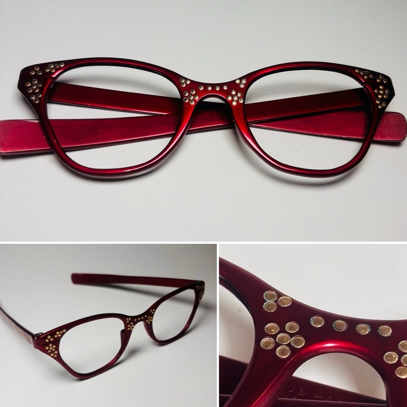 Vintage Turo Ind. Red Burgundy CAT EYE Eyeglasses Frames 46 22 USA Aluminum