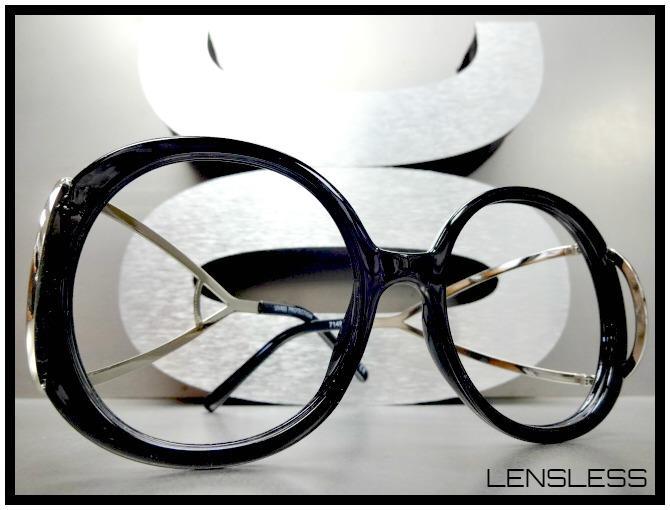Womens Oversized Retro Style Round Black Lensless Eye Glasses Frame Only NO Lens gallery