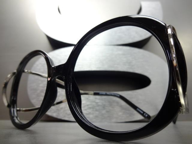 Womens Oversized Retro Style Round Black Lensless Eye Glasses Frame Only NO Lens gallery