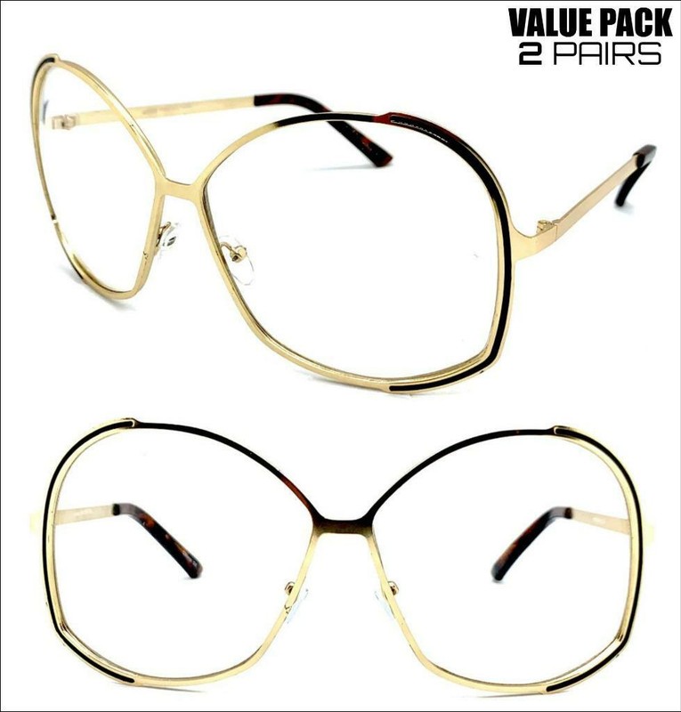 2 Pairs OVERSIZED Retro Style Clear Lens EYE GLASSES X-Large Big Huge Gold Frame