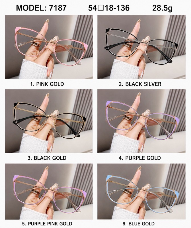 Model 7187 Cat Eye Full Rim Metal Eyeglass Frames Pink Gold 54-18-136