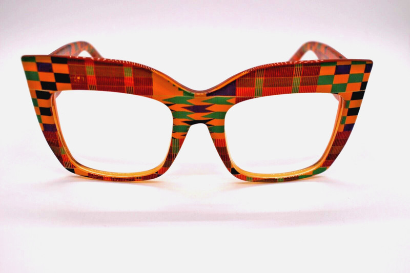 TRIBAL EYES PO668 CATEYE SQUARE EYEGLASSES CHECK MULTI YELL/GREEN/RED 55-22-145