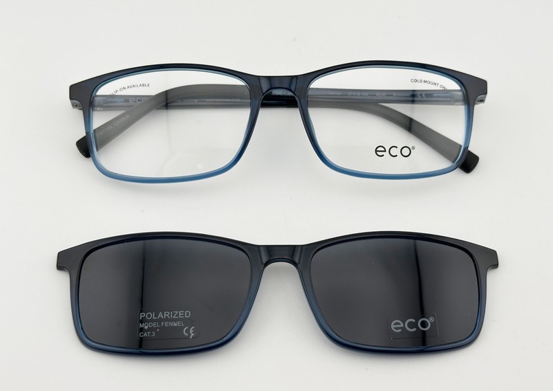Eco Fennel Eyeglasses w/ Demo Lens, Polarized Gray Clip-On, 57-18-150, Blue
