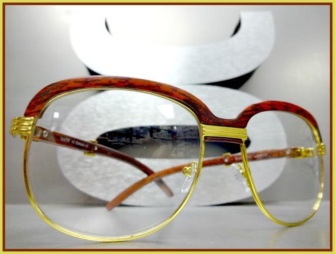 Mens CLASSY 70s Retro Style Clear Lens EYE GLASSES Gold & Faux Wood Wooden Frame gallery
