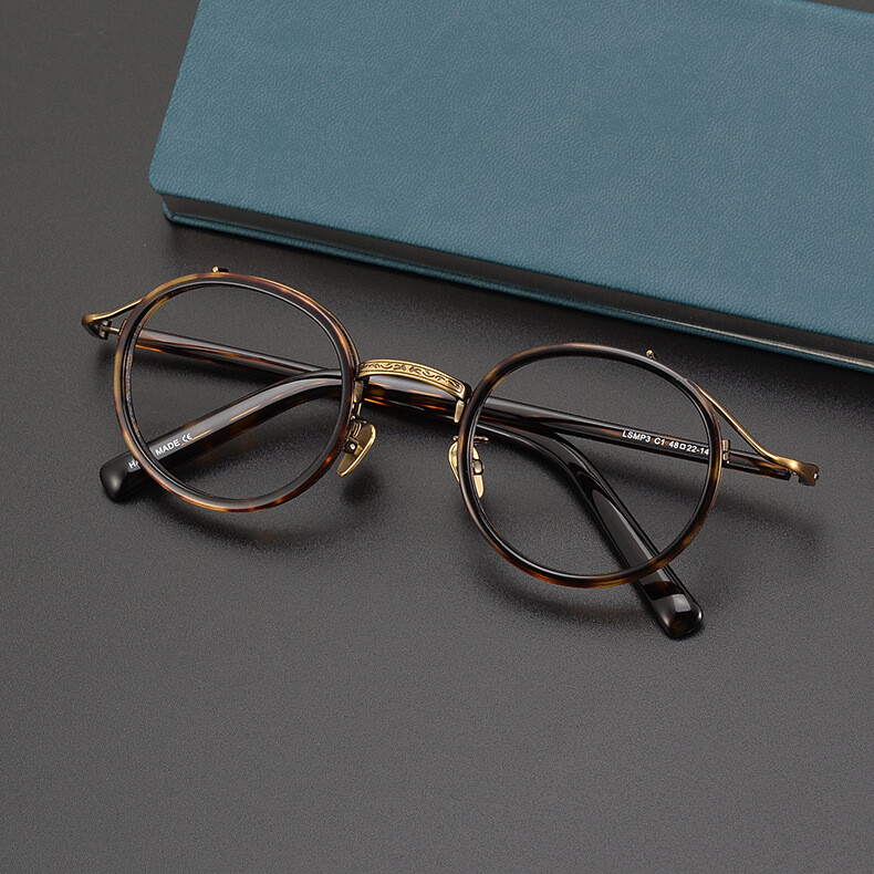 Japanses Full Rim Round Eyeglass frames Retro Carve Titanium+Acetate Glasses