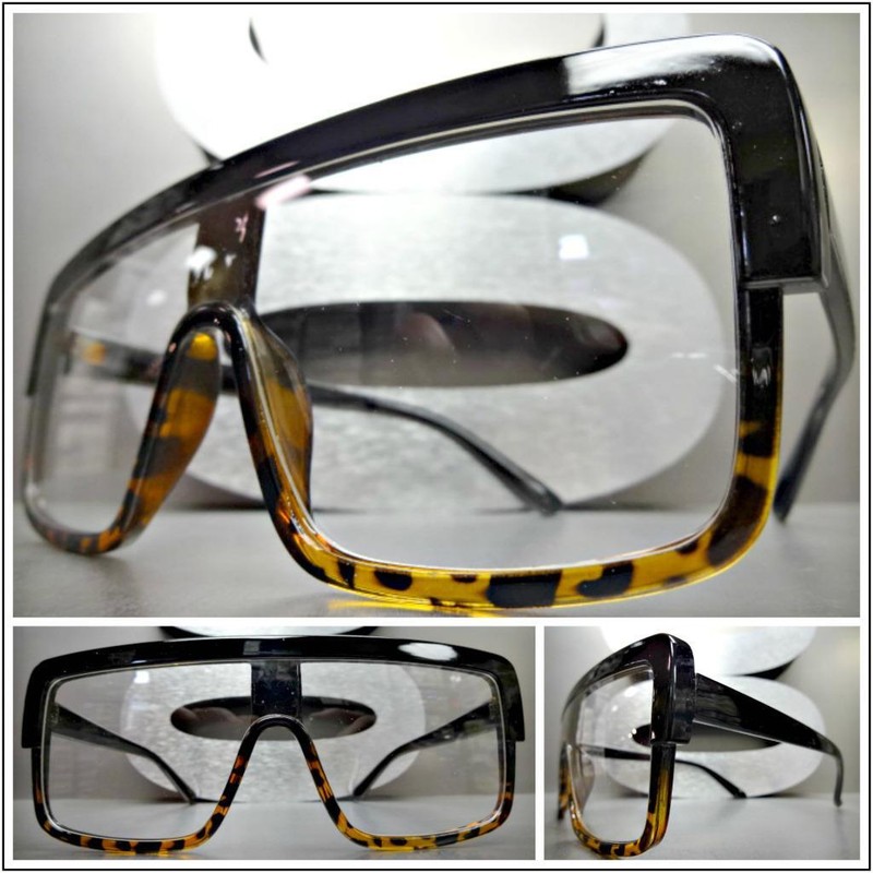 OVERSIZED VINTAGE RETRO SHIELD Style Clear Lens EYE GLASSES Black Tortoise Frame