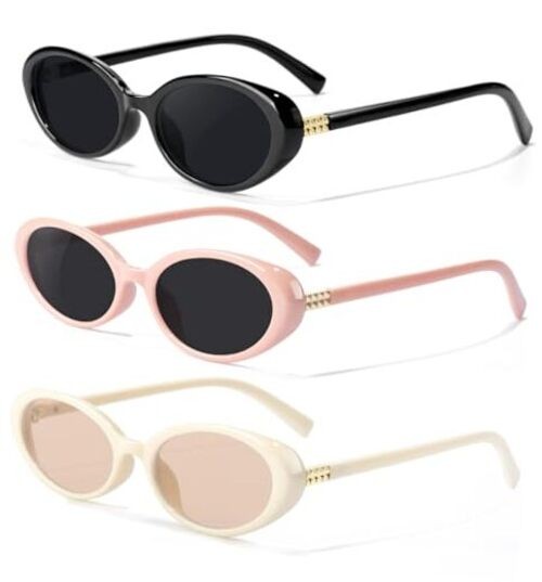 Retro Oval Sunglasses for 54 Millimeters 3pack Black/Pink-grey/Beige-champagne