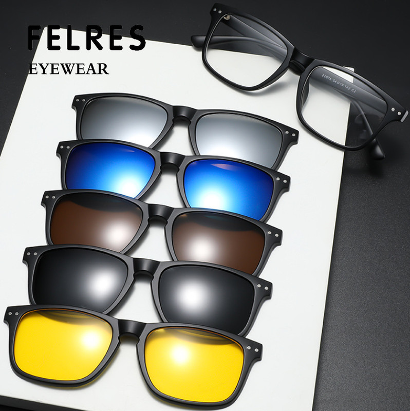 5 in 1 Magnetic Clip On Polarized Sunglasses Men Classic Square Glasses Frames gallery