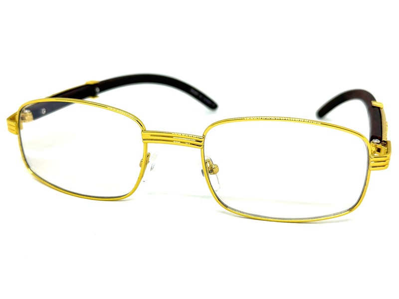 Mens CLASSY Style Clear Lens EYE GLASSES Gold & Wood Wooden Effect Fashion Frame gallery