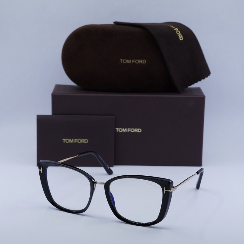 NEW Tom Ford FT5816-B 001 Shiny Black/Gold/Clear Blue Light Block 53mm Eyegla…