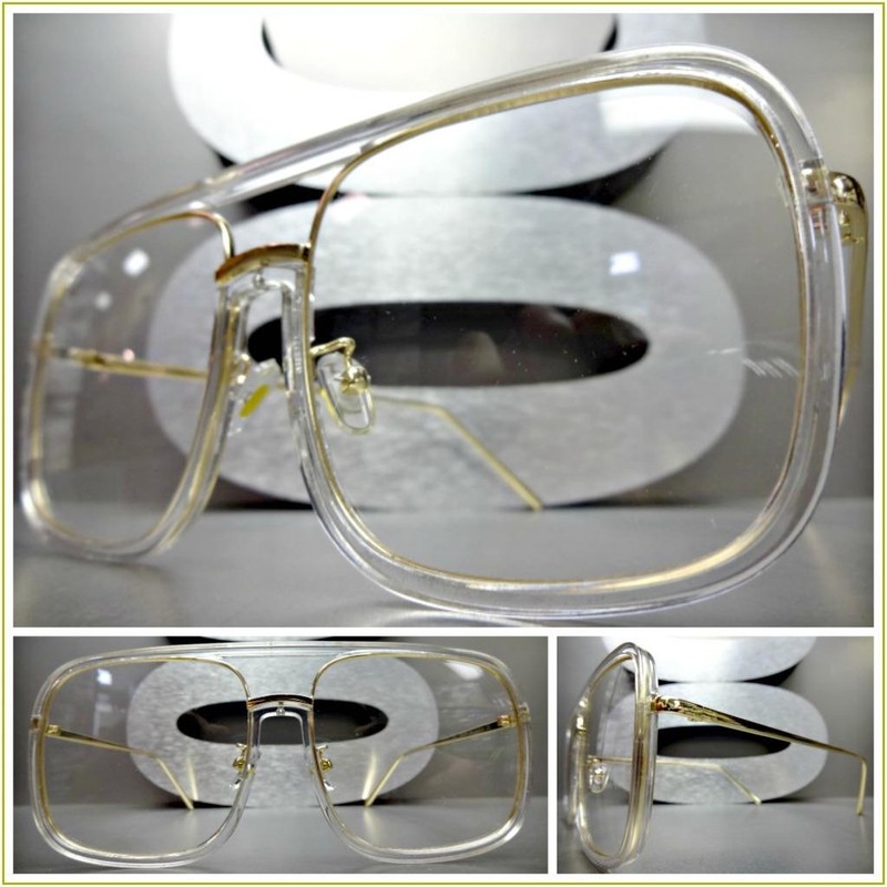 OVERSIZED VINTAGE RETRO Style Clear Lens EYE GLASSES Transparent & Gold Frame