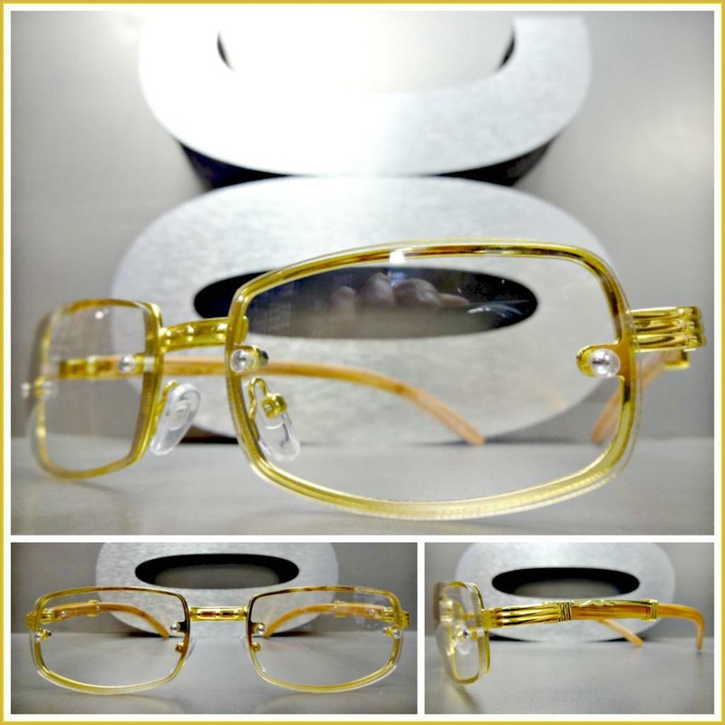 Mens Classy Elegant Retro Style Clear Lens EYE GLASSES Gold & Wood Fashion Frame