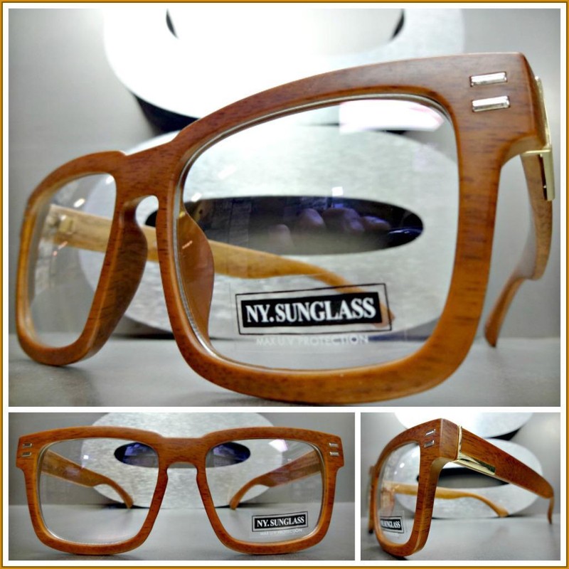 Men’s CLASSIC VINTAGE RETRO Style Clear Lens EYE GLASSES Faux Wood Wooden Frame