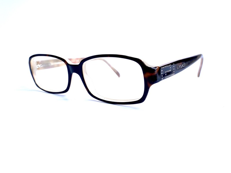 New Versace Brown Beige Tortoise Rhinestone Rectangular Glasses Italy 52 16 135