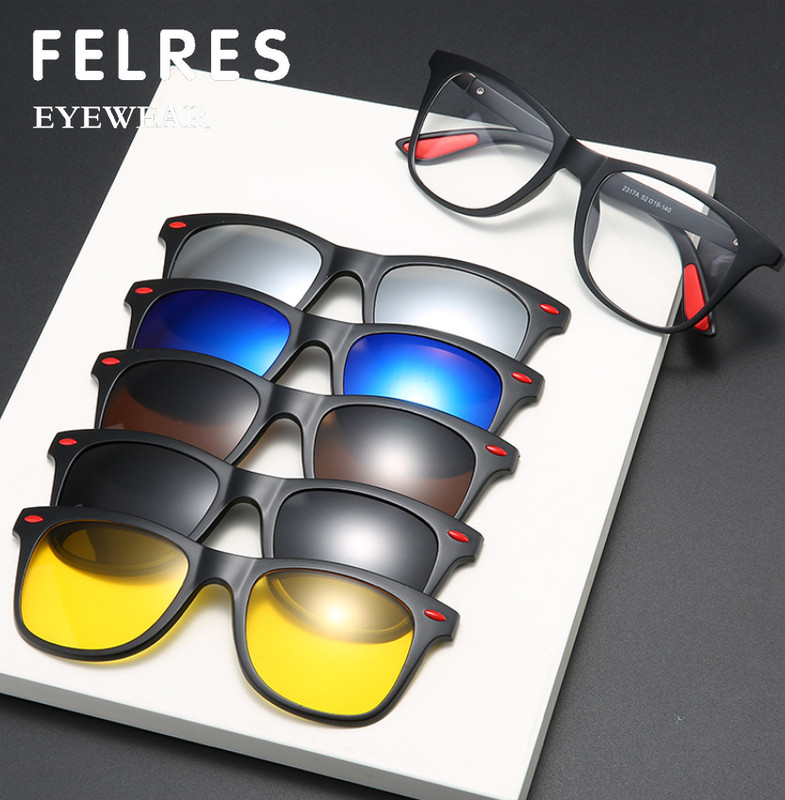 5 in 1 Magnetic Clip On Polarized Sunglasses Men Women Square Glasses Frame New