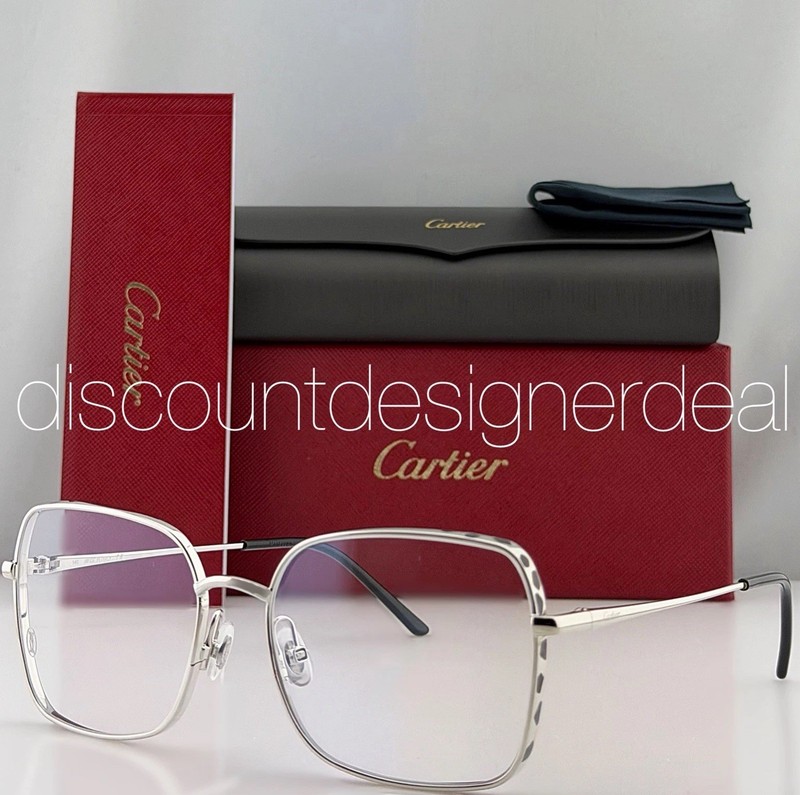 Cartier Square Eyeglasses CT0310O 002 Silver Metal Leopard Clear Lens NEW 56mm