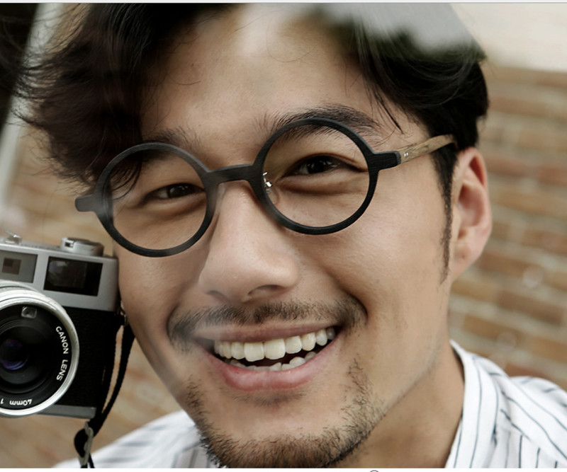 Japanese Retro Acetate Round Glasses Women Men Wood Black+Brown Eyeglass frames gallery