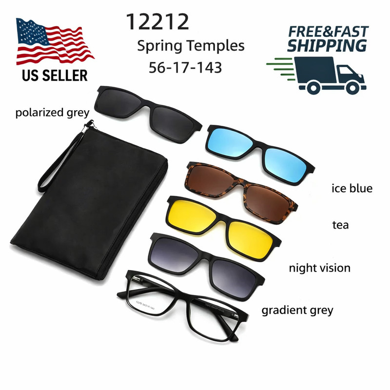 5 in 1 Magnetic Clip On Sunglasses Eyeglasses Polarized Swappable TR90 56mm