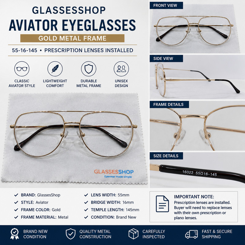 GlassesShop Aviator Prescription Eyeglasses Gold Metal Frame 55-16-145 New