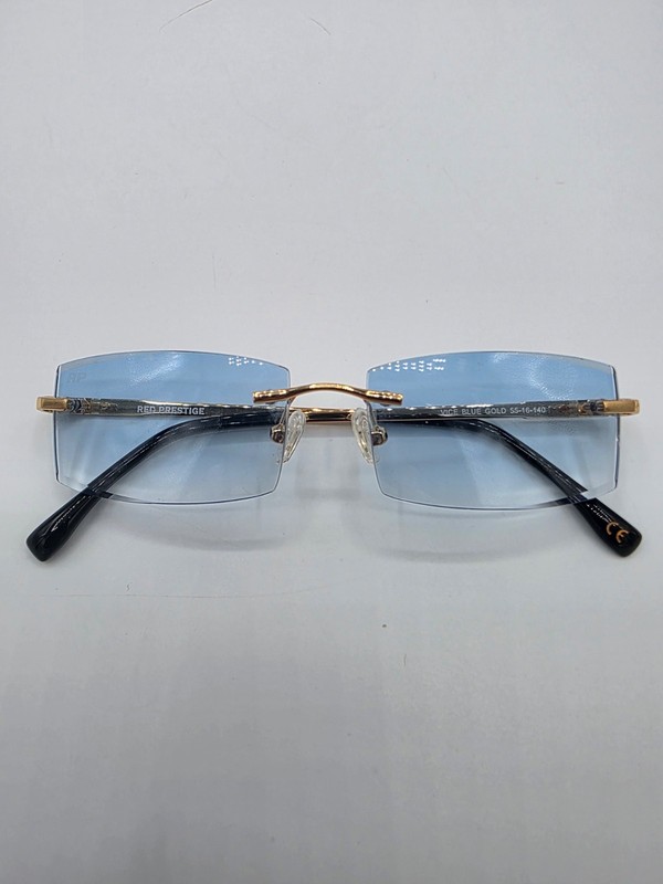 Red Prestige Rimless Glasses Vice Blue Size 55-16 Goldtone w/ Patterned Temples