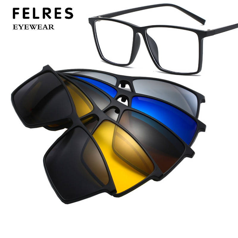 5 In 1 Magnetic Clip On Polarized Sunglasses Men Women Square Glasses Frames New