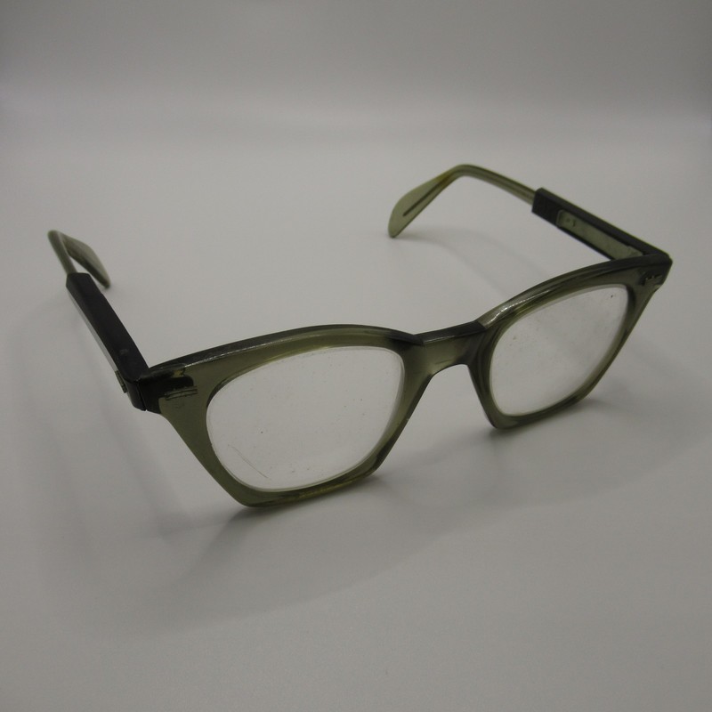 Vintage 1950s Cat Eye Eyeglasses Frames Olive Green Black Adjustable Temples