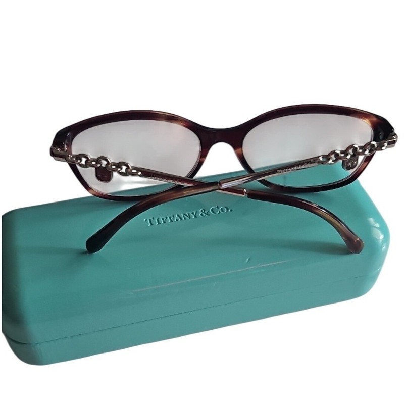 Tiffany & Co TF 2063 8081 Dark Havana Cat Eye Eyeglasses Silver Chain Link 52mm gallery