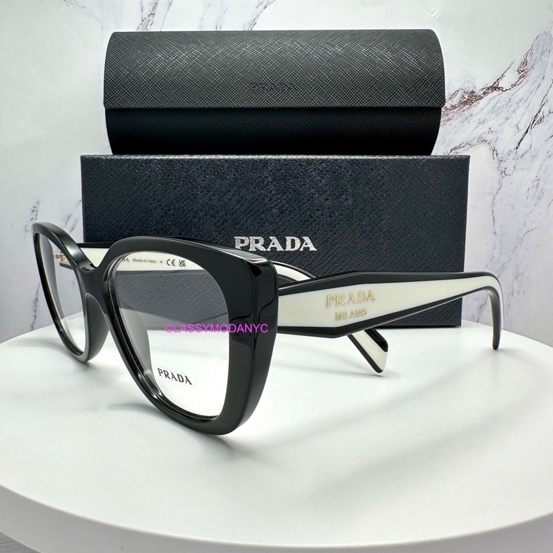 PRADA Eyeglasses Black White PRB04V 16K1O1 Cat Eye 53mm Gold Rx-able New