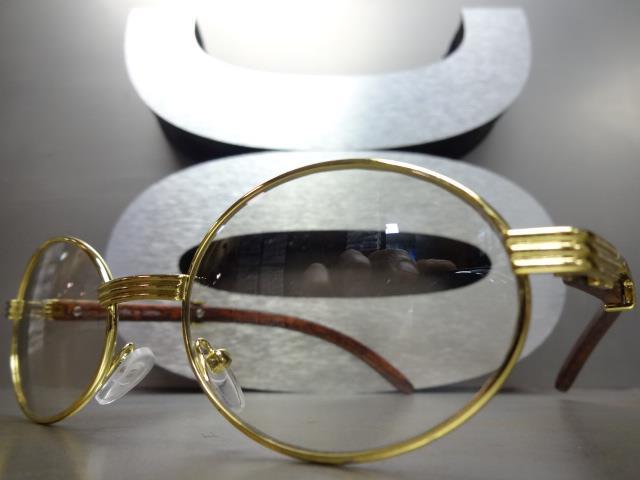 Mens CLASSY MODERN Retro Hip Hp Clear Lens EYE GLASSES Oval Gold Faux Wood Frame gallery