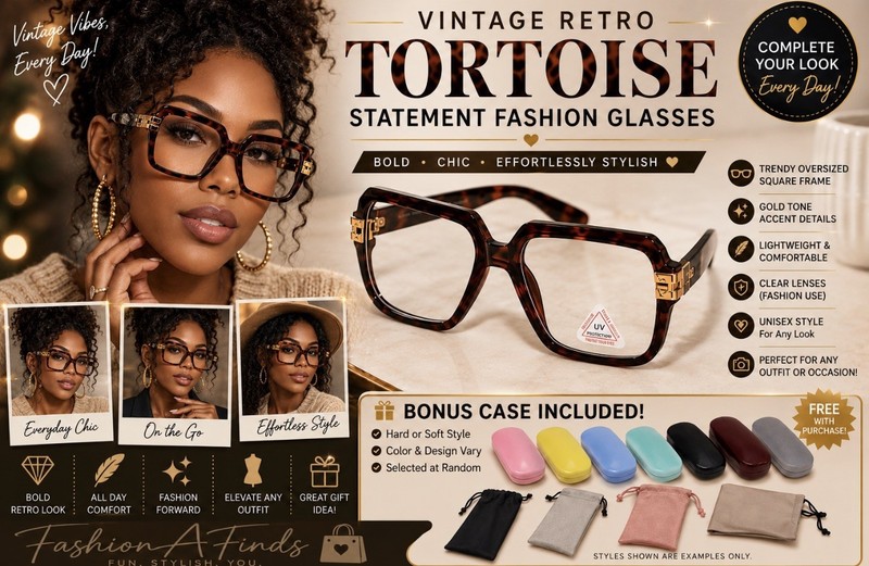 Vintage Retro Tortoise Square Fashion Glasses Gold Tone Accent + Bonus Case