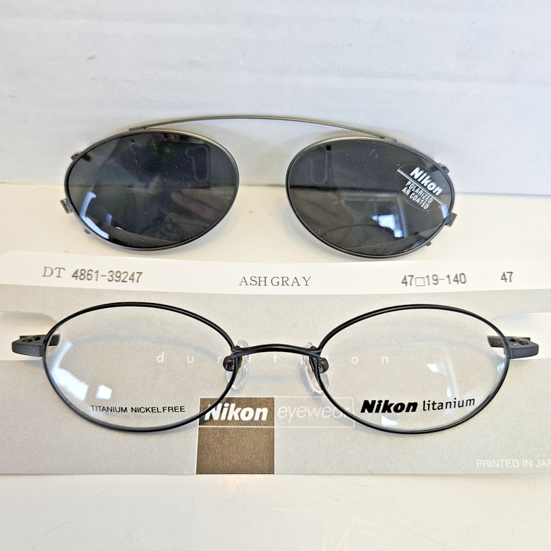 Nikon Dura Titan Eyeglasses Ash Gray Metal Oval Frames w Clip On Sunglasses 4861